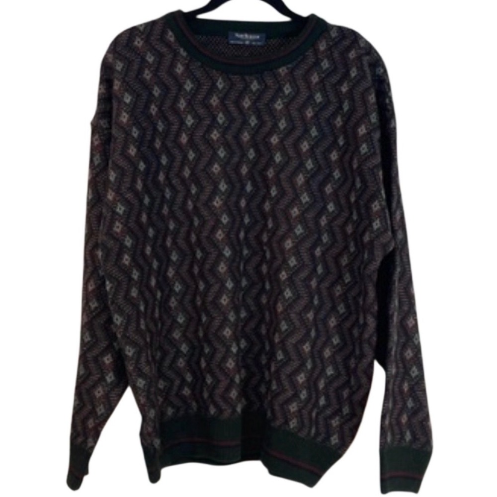 VAN HEUSEN Sweater Mens XL Green Burgundy Geometric Diamond Knit Vintage Grandpa